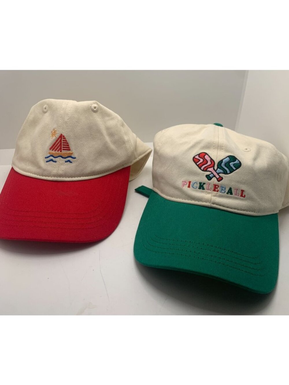 Frasier Sterling Sport Embroidered Hats Red & Green Pickleball & Sailboat Adjust